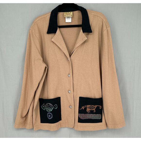 90s Vintage Jacket Womens Large Tan Blazer Artsy Western Button Boho Retro USA - Picture 5 of 8